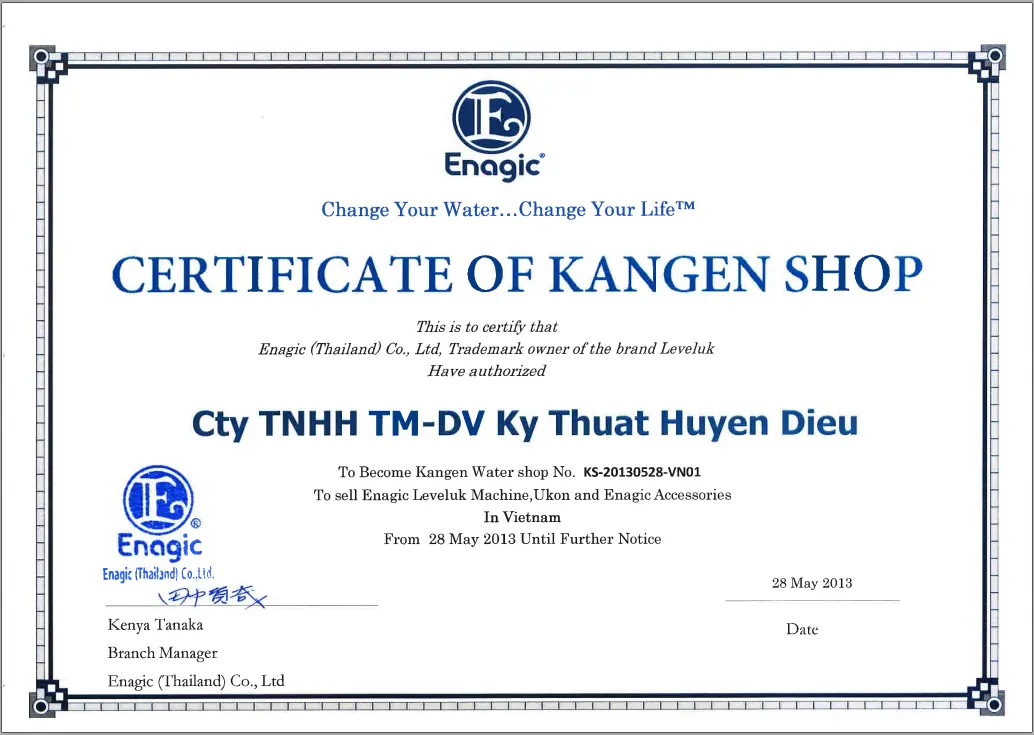 Chứng chỉ Kangen Shop của Thế Giới Kangen (Huyền Diệu)