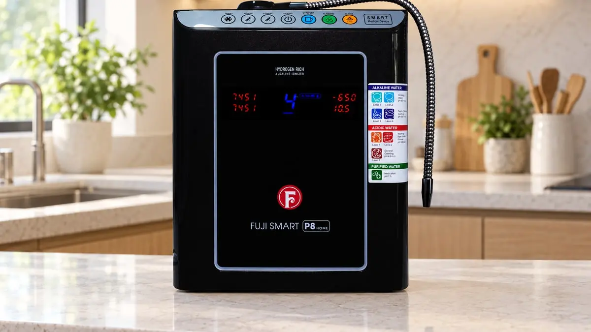 Máy lọc nước ion kiềm Fuji Smart P8 Home đặt trên mặt bếp hiện đại