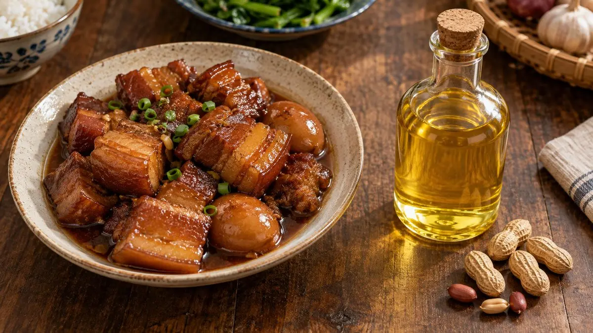 Mỡ động vật hay dầu thực vật: đĩa thịt kho mỡ béo bên cạnh chai dầu thực vật theo phương pháp cân bằng năng lượng