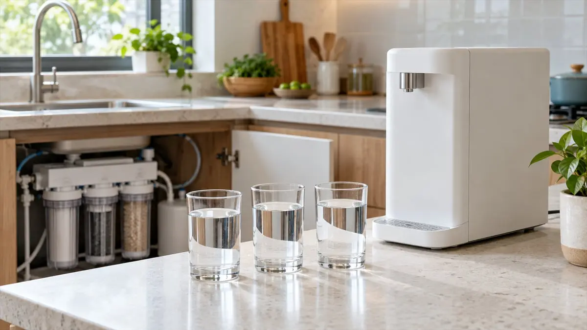 Máy lọc nước ion kiềm Primer: ảnh minh họa góc bếp gia đình có máy lọc nước để bàn, hệ lọc nhiều cấp dưới gầm và ba ly nước